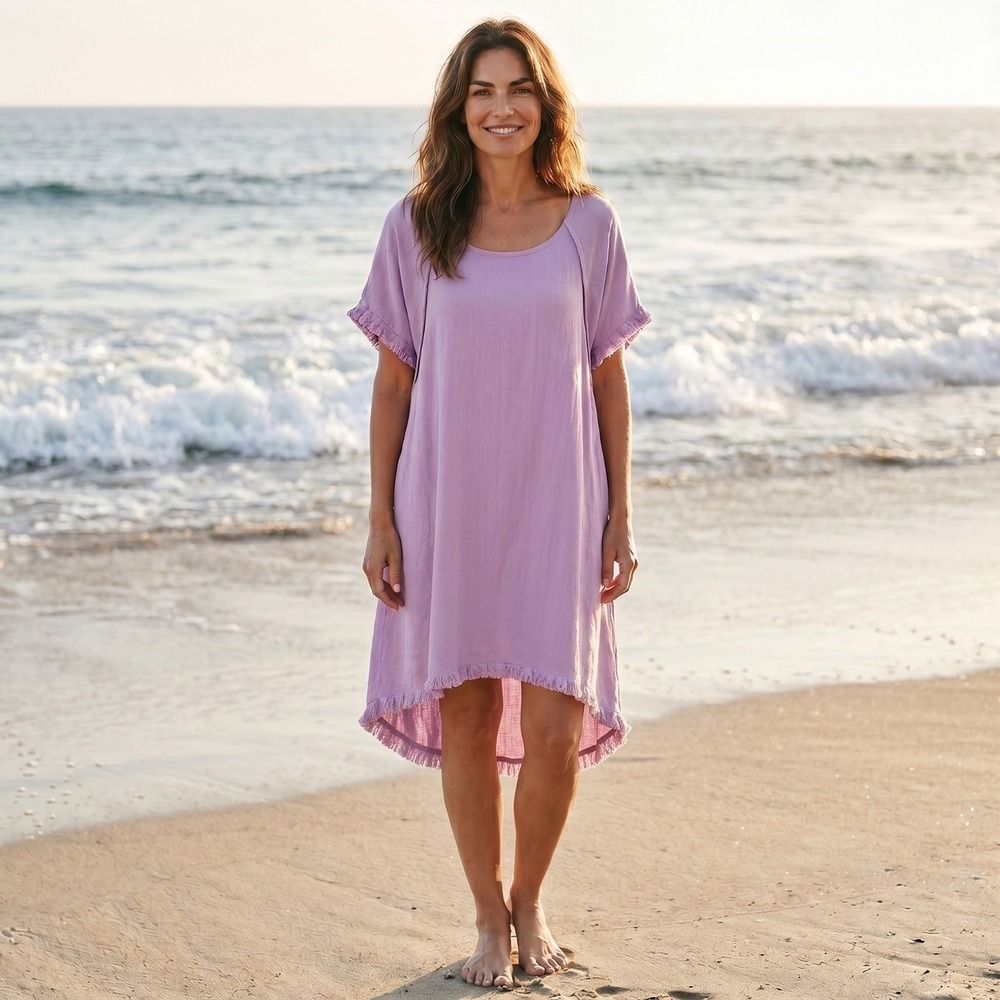 Umgee Linen Blend Midi Dress Medium Purple Fringe Casual Summer Boho Lagenlook